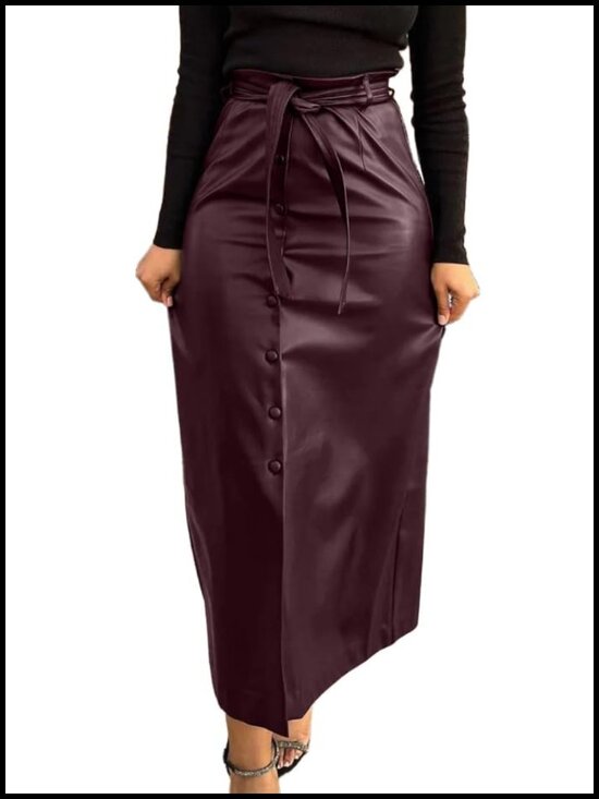 Dresses & Skirts - Women Faux PU Leather High Waisted Button Down Maxi Pencil Skirt with Belt